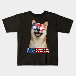 Merica Shiba Inu Dog American Flag 4Th Of July Kids T-Shirt